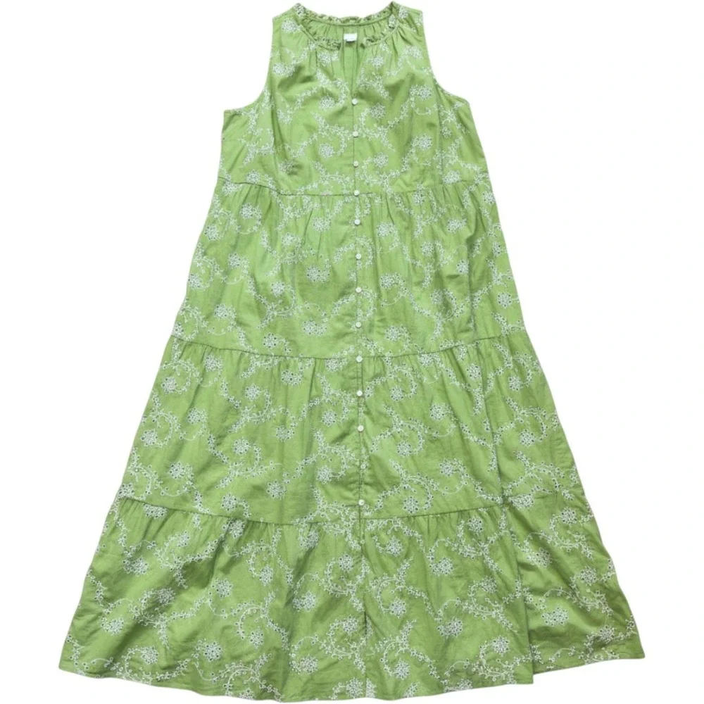 J. Jill XL Light Green Embroidered Cotton Tiered Maxi Dress Button Sleeveless